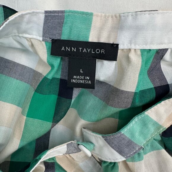 Ann Taylor Green & White Plaid Peasant Top Blouse Large - Picture 4 of 9